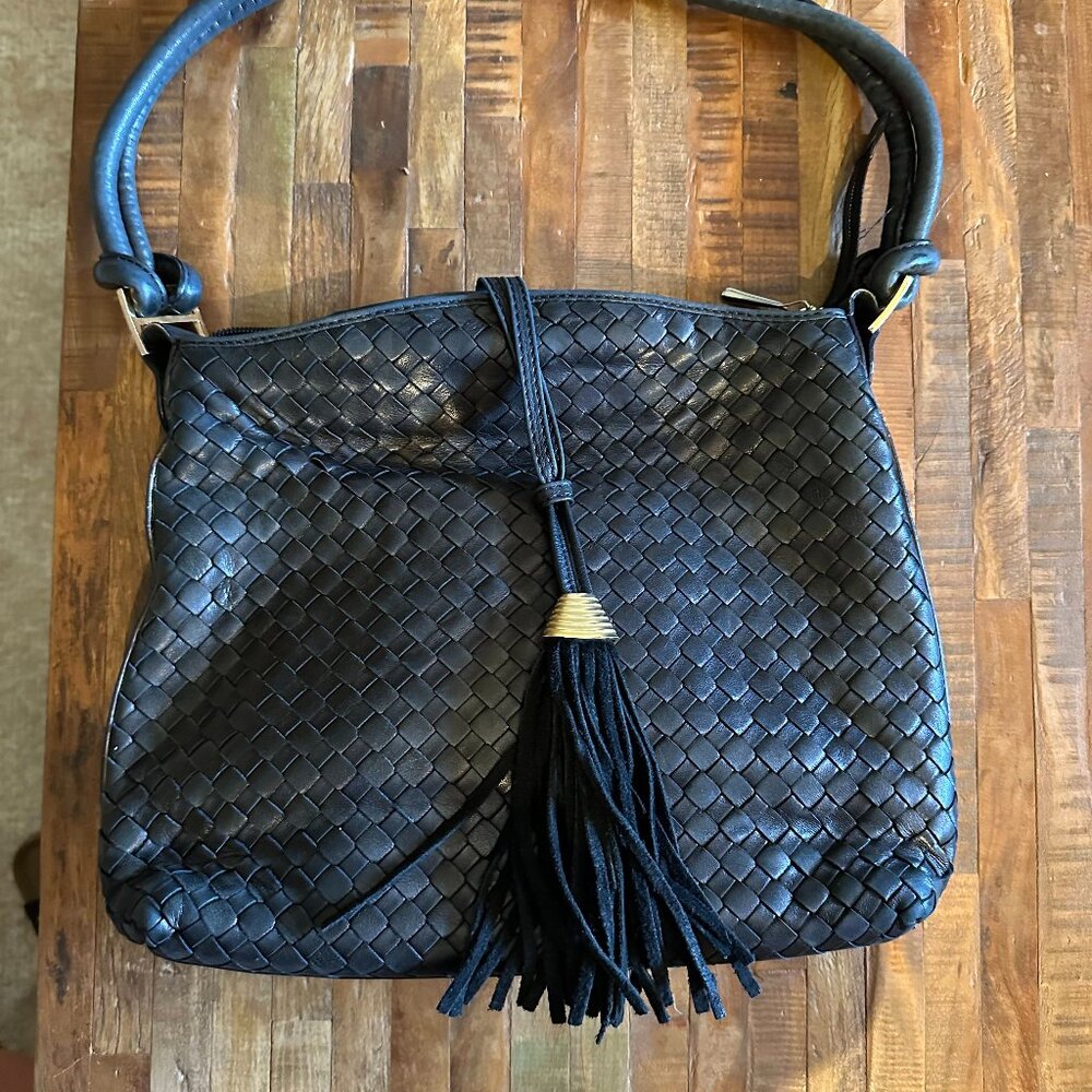 Leather woven dark dark green purse